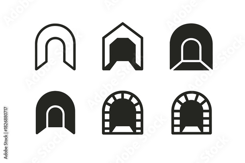 Lair Logo Variations. Lair. Icon set. Set Logo of lair: secret tunnel entrance. harmonious logo variations of the same emblematic concept, each with different