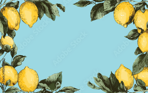 Marco vectorial vibrante con limones amarillos frescos y hojas verdes sobre un fondo azul claro, ideal para diseños de verano y productos naturales.
