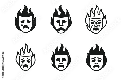 Medea Logo Variations. Medea. Icon set. Set Logo of Medea: mask of tragedy and fire. harmonious logo variations of the same emblematic concept, each with