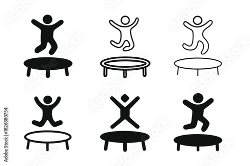 Trampoline Fun Logos. Jumping on a trampoline in a backyard. Icon set. Set Logo of outdoor fun: silhouette of leaping person. harmonious logo variations of the