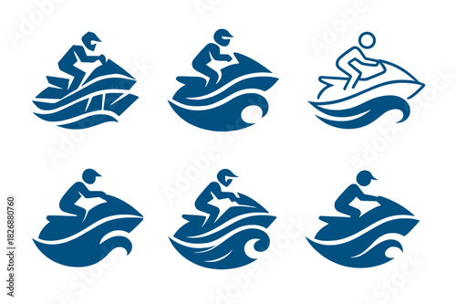 Dynamic Water Sports Logos. Water sports. Icon set. Set Logo of water sports: jet ski speeding through dynamic wave shape. harmonious logo variations of the
