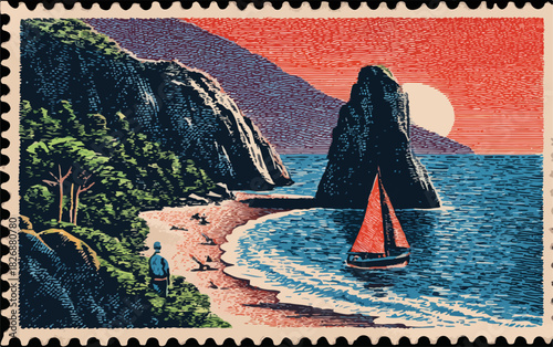 Ilustración vectorial de un sello postal vintage que captura un idílico atardecer en una cala rocosa con un velero navegando tranquilamente.