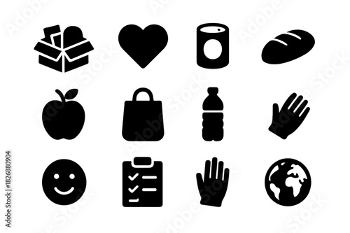 Food Drive Icons. Food Drive. Solid icon set of Food Drive: box, heart, canned food, loaf of bread, apple, bag, water bottle, volunteer hand, smile, checklist,