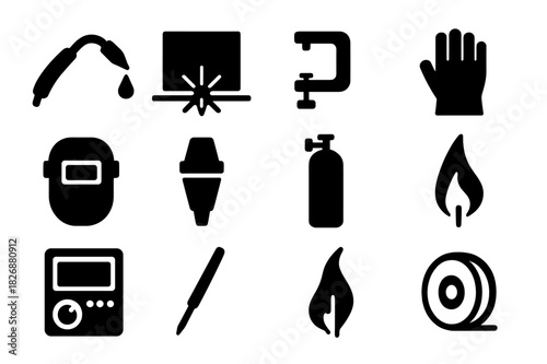 Plasma Cutting Icons. Plasma cutting. Solid icon set of Plasma cutting: cutting torch, metal sheet, sparks, clamp, protective gloves, mask, nozzle, gas