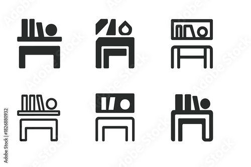 Home Office Icons. redesigning a home office space. Icon set. Set Logo of redesigning a home office space: shelves with books and decor. harmonious logo