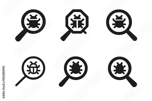 Error Log Icons. Error Log Analysis. Icon set. Set Logo of Error Log Analysis: magnifying glass over bug icon. harmonious logo variations of the same