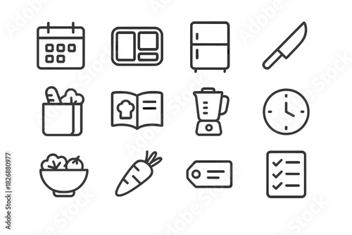 Weekly Prep Icons Set. Weekly prep routine. Line icon set of weekly prep routine: calendar, meal container, fridge, knife, grocery bag, recipe book, blender,