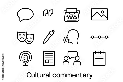 Cultural Icon Grid. Cultural commentary. Line icon set of cultural commentary: speech bubble, quote mark, typewriter, painting, theater mask, pen, voice icon,