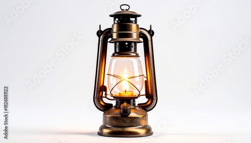 Vintage Rusted Kerosene Lantern with Lit Flame and Glass Enclosure on Weathered Metal Frame
