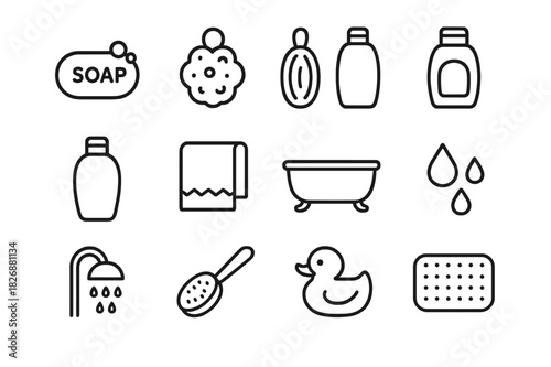 Bath Routine Icons. Bath routine. Line icon set of Bath routine: soap bar, bath sponge, loofah, shampoo bottle, shower gel bottle, bath towel, bathtub, water