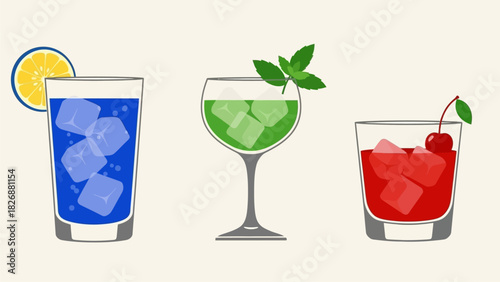 Refreshing mixed drinks with ice, garnished with citrus and cherry for a vibrant summer beverage collection