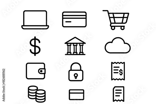 Online Payment Icons. Online payments. Line icon set of online payments: laptop, credit card, mobile phone, shopping cart, dollar sign, wallet, bank, cloud,