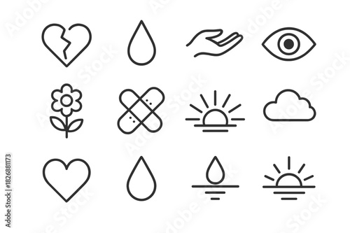 Sadness and Healing Icons. Sadness and healing. Line icon set of sadness and healing: broken heart, teardrop, hand, open eye, flower, bandage, light ray,