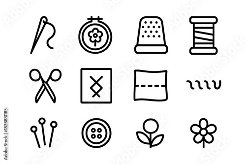 Embroidery Line Icons. Embroidery and stitching. Line icon set of embroidery and stitching: needle, thread, hoop, thimble, spool, scissors, pattern, fabric,