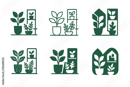 Indoor Plant Icon Set. placing indoor plants around the house. Icon set. Set Logo of placing indoor plants around the house: assorted houseplants on floor and