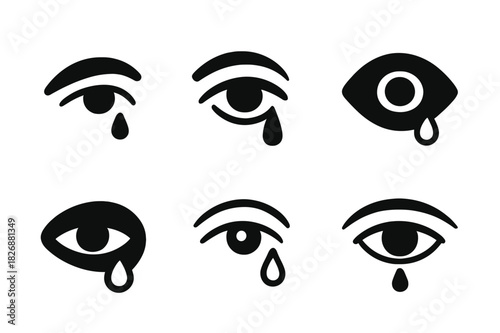 Sad Eyes Icons. sad eyes. Icon set. Set Logo of sad eyes: single tear on cheek. harmonious logo variations of the same emblematic concept, each with different