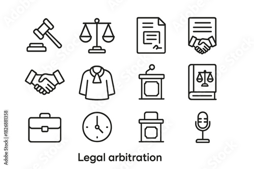 Legal Icon Set. Legal arbitration. Line icon set of Legal arbitration: gavel, balance scales, legal document, contract, handshake, judge robe, courtroom