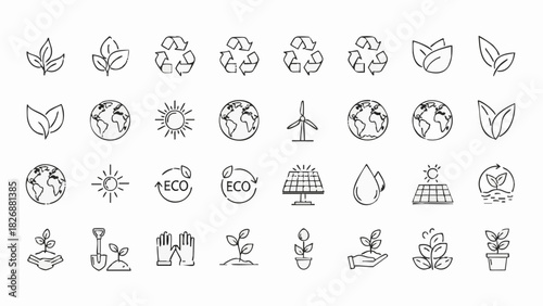 Hand drawn eco friendly icons set with leaves recycling symbols earth sun wind turbine solar panel water drop and plants