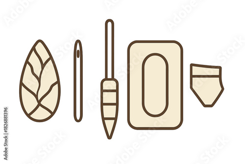 Simple set of sewing and tailoring tools including needle, awl, and fabric patches