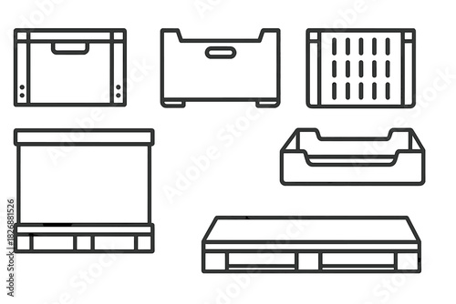 Shipping and storage containers including wooden crates, plastic boxes, and industrial pallet