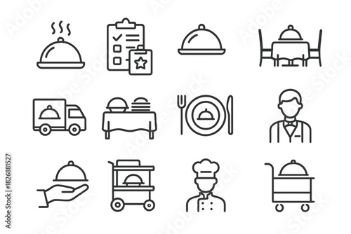 Chef, waiter, delivery, and dining elements in restaurant and catering service line art