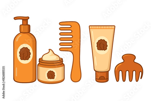 Set of essential beauty products and tools for natural curly hair care routine