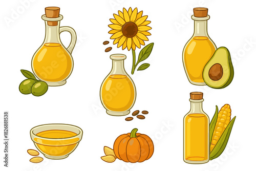 Natural cooking oils assortment in bottles and bowls with olives, sunflower, avocado, and corn ingredients
