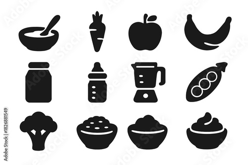 Baby Food Icons. Infant meal. Solid icon set of Infant meal: baby bowl, spoon, carrot, apple, banana, jar, bottle, blender, peas, broccoli, oatmeal, mashed
