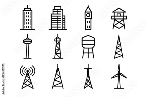 High-Rise Icon Grid. High-rise structures. Line icon set of High-rise structures: office skyscraper, mixed-use high-rise, clock tower, fire lookout tower,