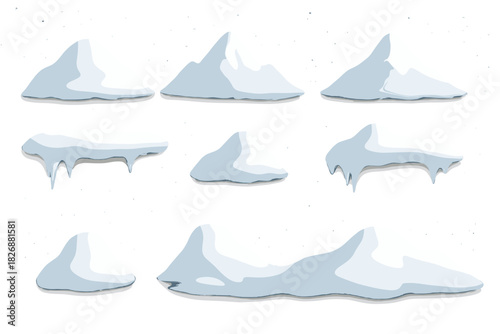 Various white snowdrifts and heaps with frozen icicles isolated on a light background
