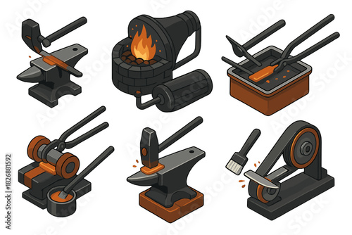 Blacksmith workshop tools and equipment including anvil, hammer, furnace, and tongs