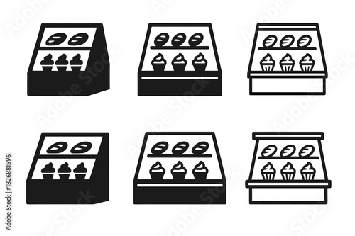 Pastry Case Logos. pastry case. Icon set. Set Logo of pastry case: bakery counter. harmonious logo variations of the same emblematic concept, each with