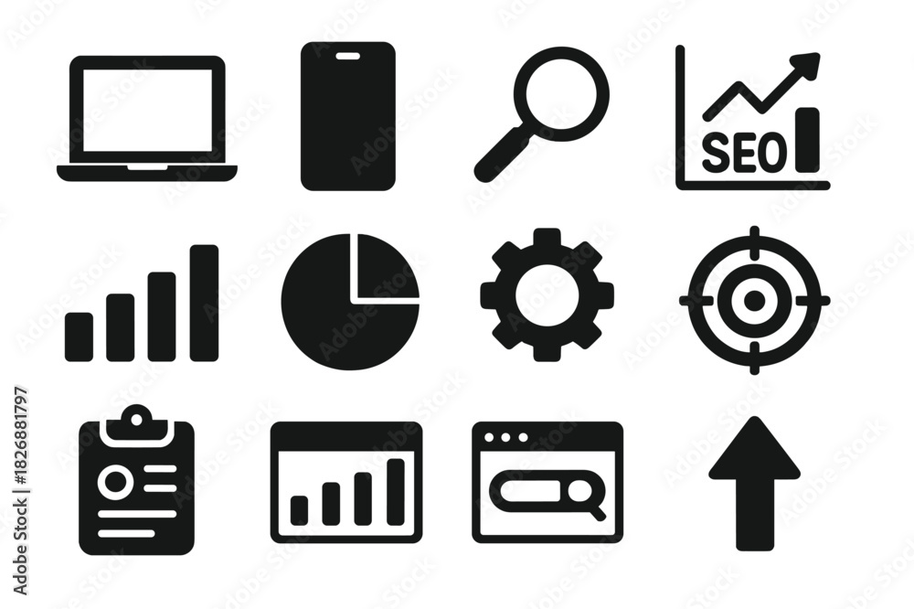 Fototapeta premium Digital Marketing Icons. Digital marketing. Solid icon set of Digital marketing: laptop, smartphone, magnifying glass, SEO graph, bar chart, pie chart, gear,