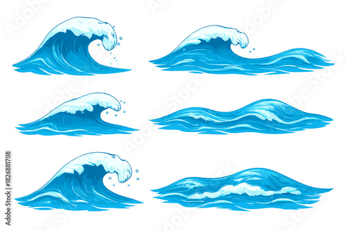 Set of stylized blue ocean waves featuring cresting foam and splashing water