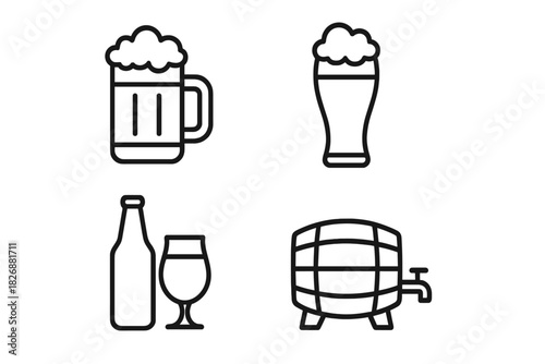 Minimalist line collection of various beer containers and serving vessels