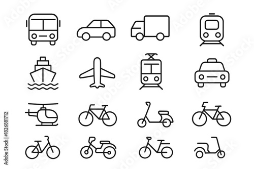 Minimalist black outline symbols for public and private transportation vehicles and travel modes