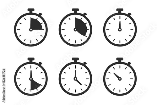 Set of six monochrome stopwatch icons representing various time intervals and countdown concepts