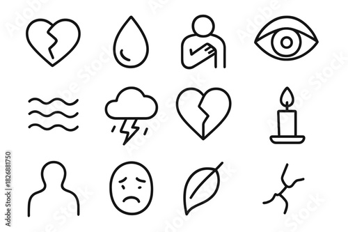 Emotional Pain Icons. Emotional pain. Line icon set of emotional pain: broken heart, teardrop, hand on chest, eye, wave, storm cloud, heart crack, candle,