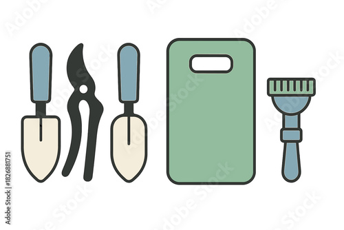Arrangement of essential garden tools including trowels pruning shears and hand rake