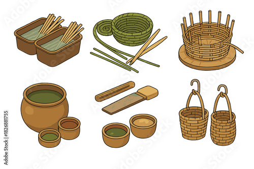 Traditional basket weaving tools and materials including reeds, pots, and unfinished structures