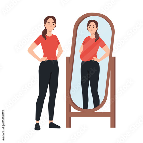 Woman standing in front of a mirror, seeing a distorted and larger reflection makes her concerned. Flat vector illustration isolated on white background