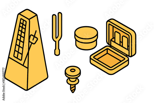 Metronome, tuning fork, and musical accessories set in isometric perspective view