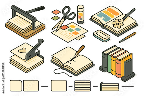 Isometric collection of paper crafting and bookbinding supplies including press, scissors, glue, and notebooks