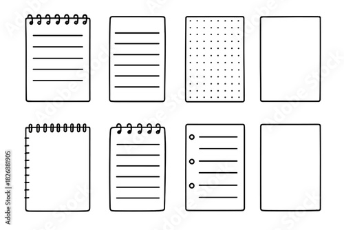 Hand-drawn doodle style collection of blank notebook pages and lined memo sheets