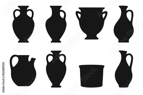 Ancient Greek pottery silhouettes set showcasing classical vase shapes on a white background