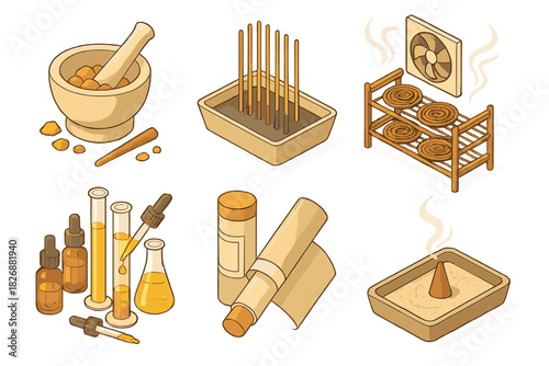 Natural incense and essential oil production tools, ingredients, mortar, pestle, and laboratory glassware