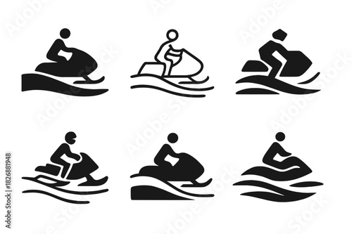 Snowmobile Logo Variations. people riding snowmobiles across snowy fields. Icon set. Set Logo of people riding snowmobiles across snowy fields: frozen field