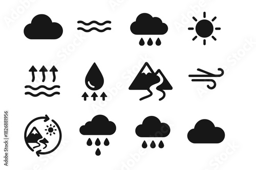 Rain Formation Icons. How rain is formed. Solid icon set of How rain is formed: cloud, water vapor, condensation, raindrop, sun, wind, mountain, river,