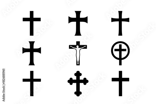 Collection of nine different black Christian cross symbols and religious icons