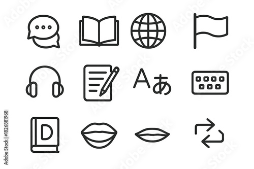 Language Exchange Icons. Language exchange. Line icon set of language exchange: speech bubble, book, globe, flag, headphones, writing, pen, alphabet, keyboard,